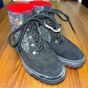 Vintg LL Bean Women’s 6M Black Suede Gray Red Wool Ankle Boots Italy Apres Ski